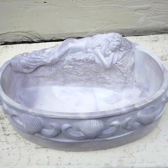 Sculpted Reclining Mermaid with Shells on Oval Carved Soapstone Trinket Dish - Picture 2 of 11